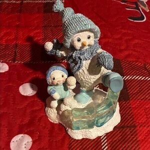 Festive Snowman and Bunny Figurine - Blue and White Accents. “Snowball Fun”